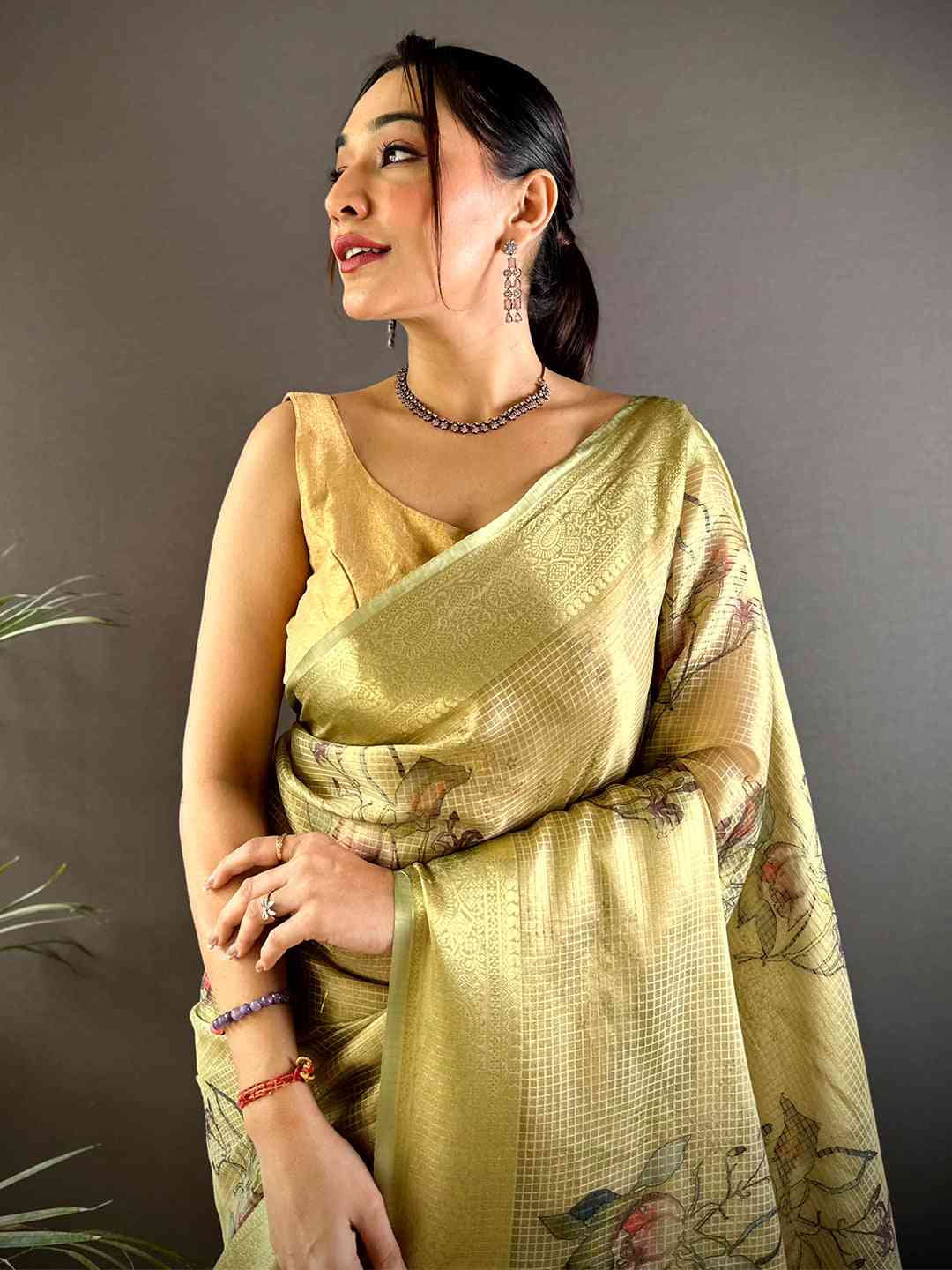 Stylish Olive Self Gold Zari Floral Print Saree by My Store