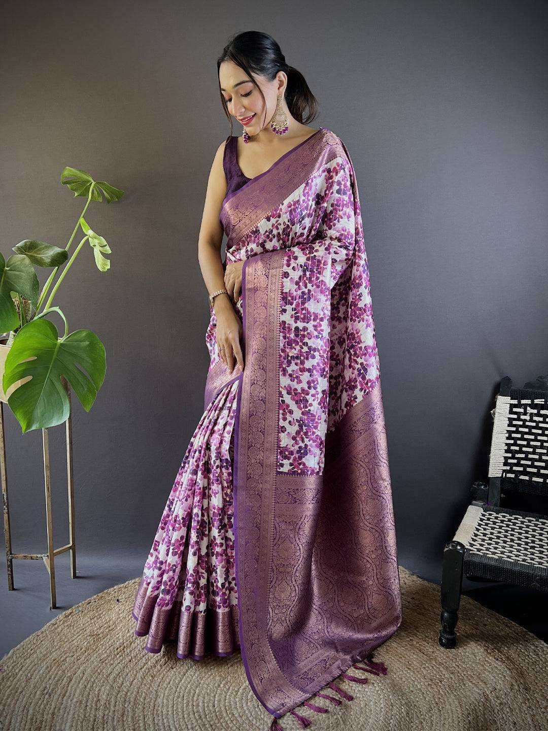 Radiant in Wine Floral Print Saree by My Store