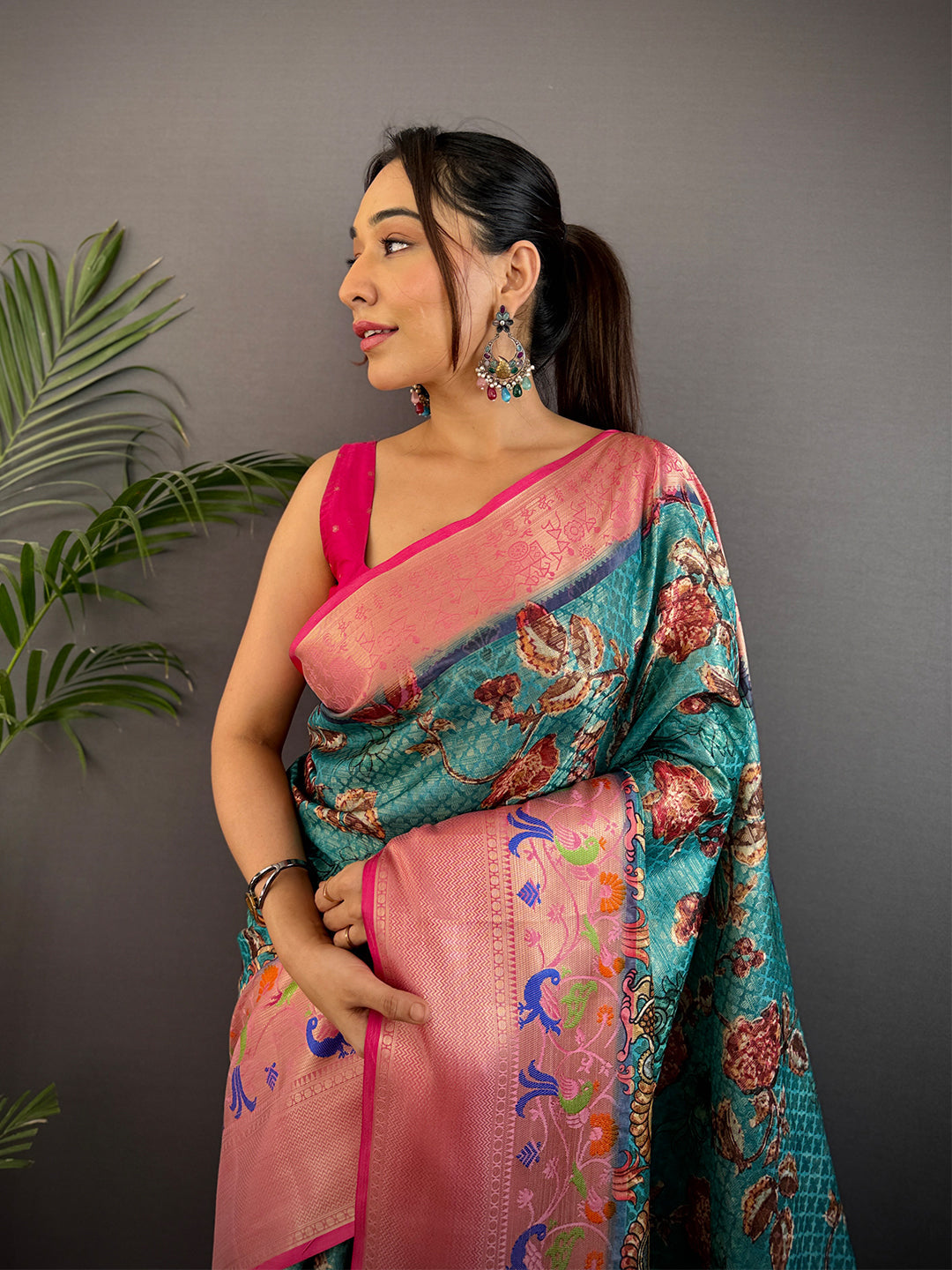Teal Kora Muslin Kalamkari Floral Print Saree by My Store