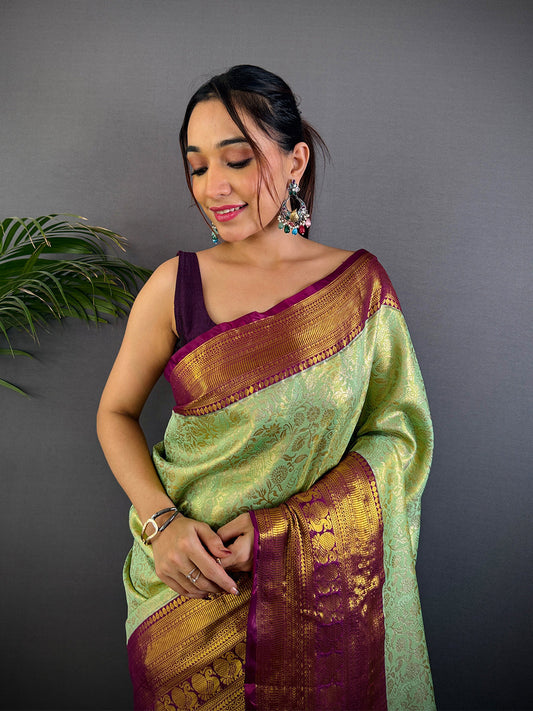 Pastel Mint Green Dharmavaram Silk Saree by My Store