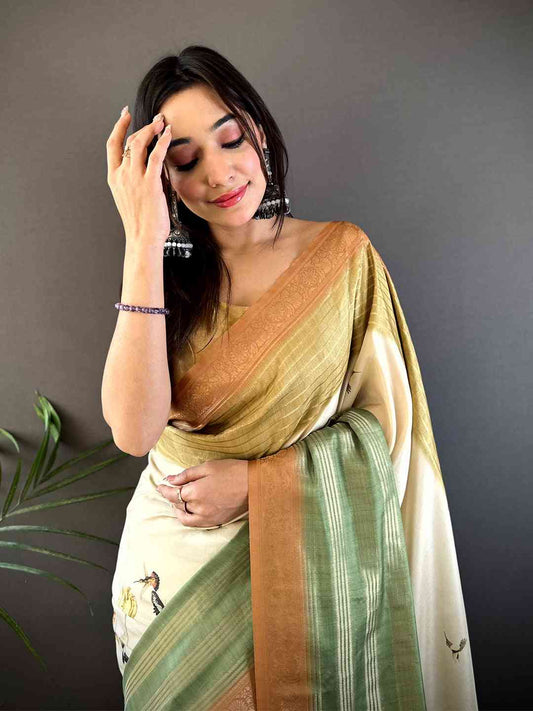 Pastel Cream Soft Crepe Silk Digital Ombre Saree by My Store
