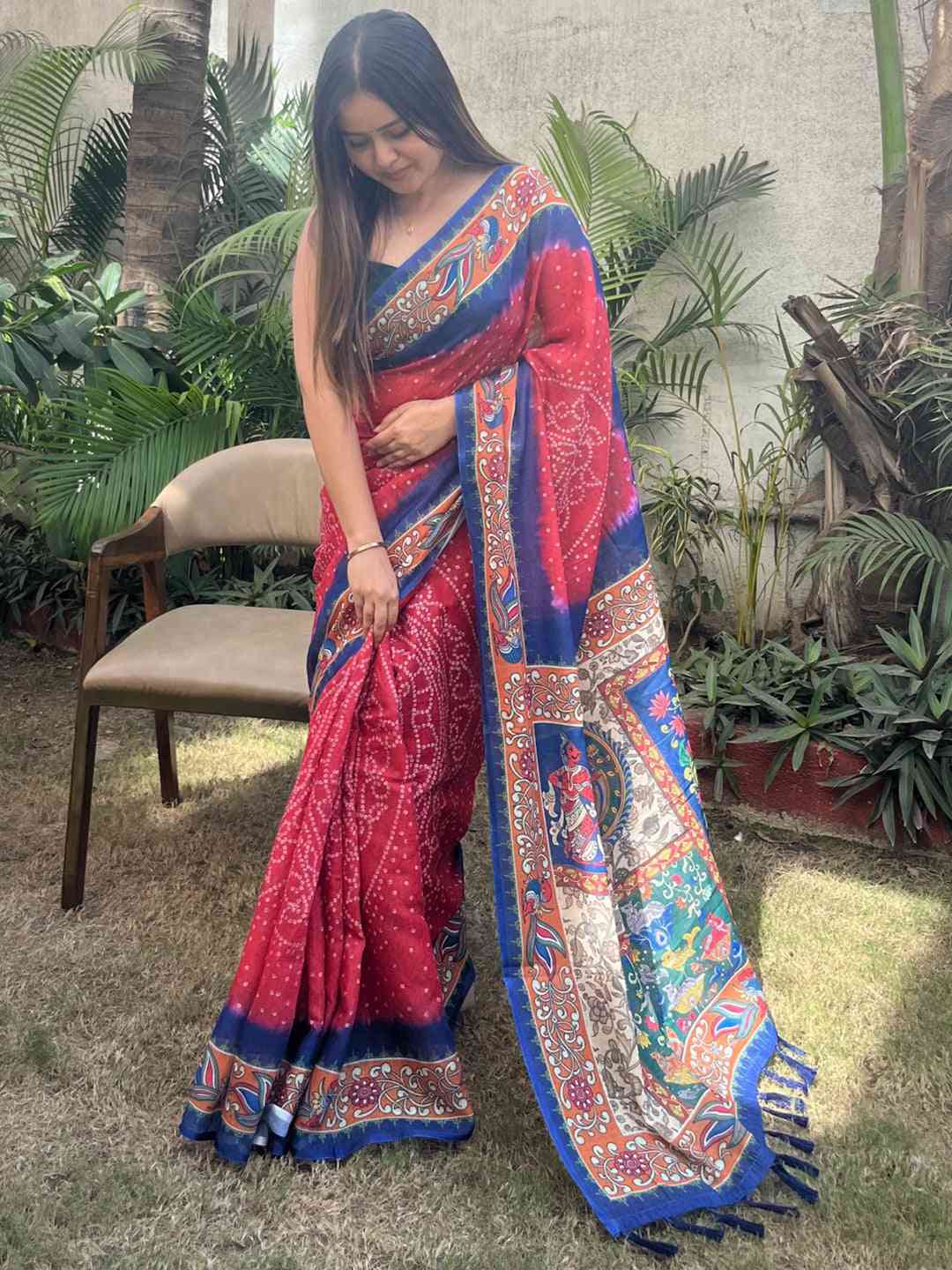 Red Colour Design Linen Saree with Bandhej and kalamkari Digital Print by My Store