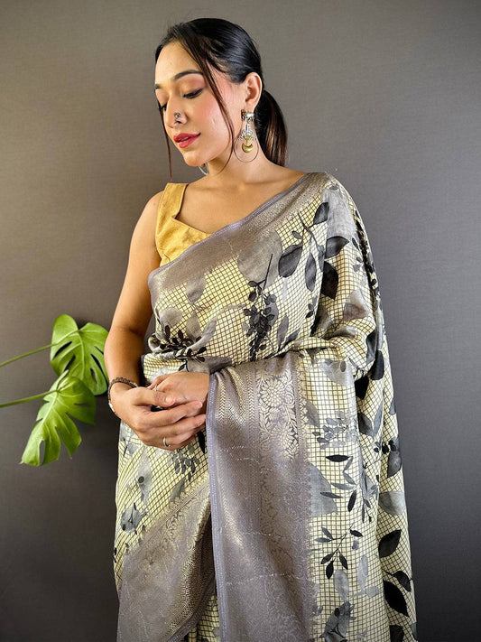 Leaf And Check Grey Viscose Saree by My Store