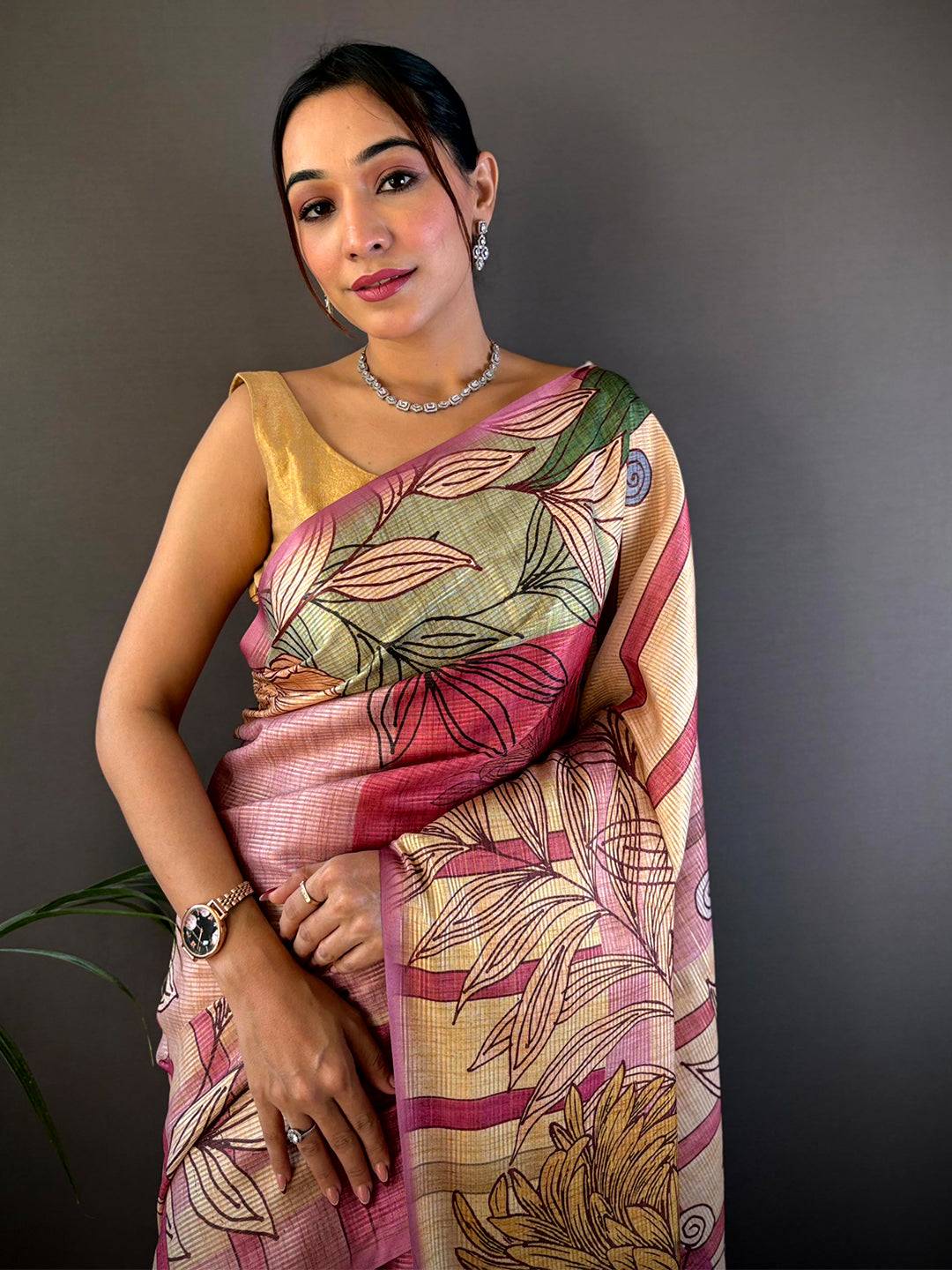Burgundy Tussar Silk Floral Prints Saree by My Store