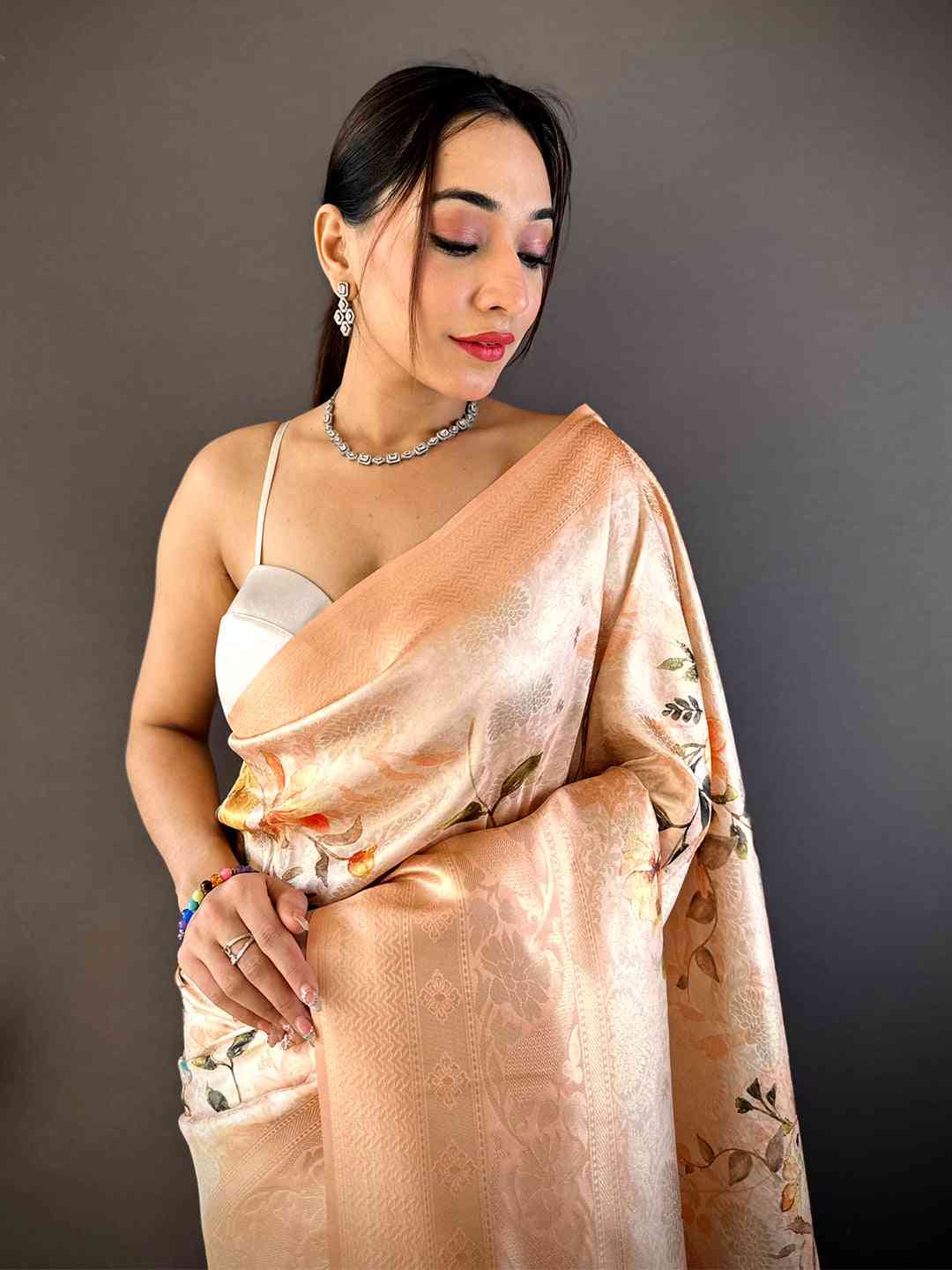 Peach Kanjivaram Digital Silk Saree by My Store