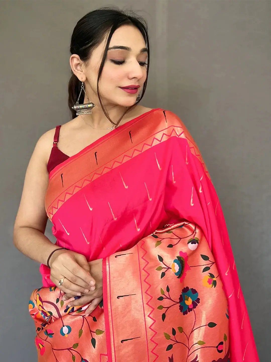 Pink Paithani Big Border Zari Woven Saree by My Store
