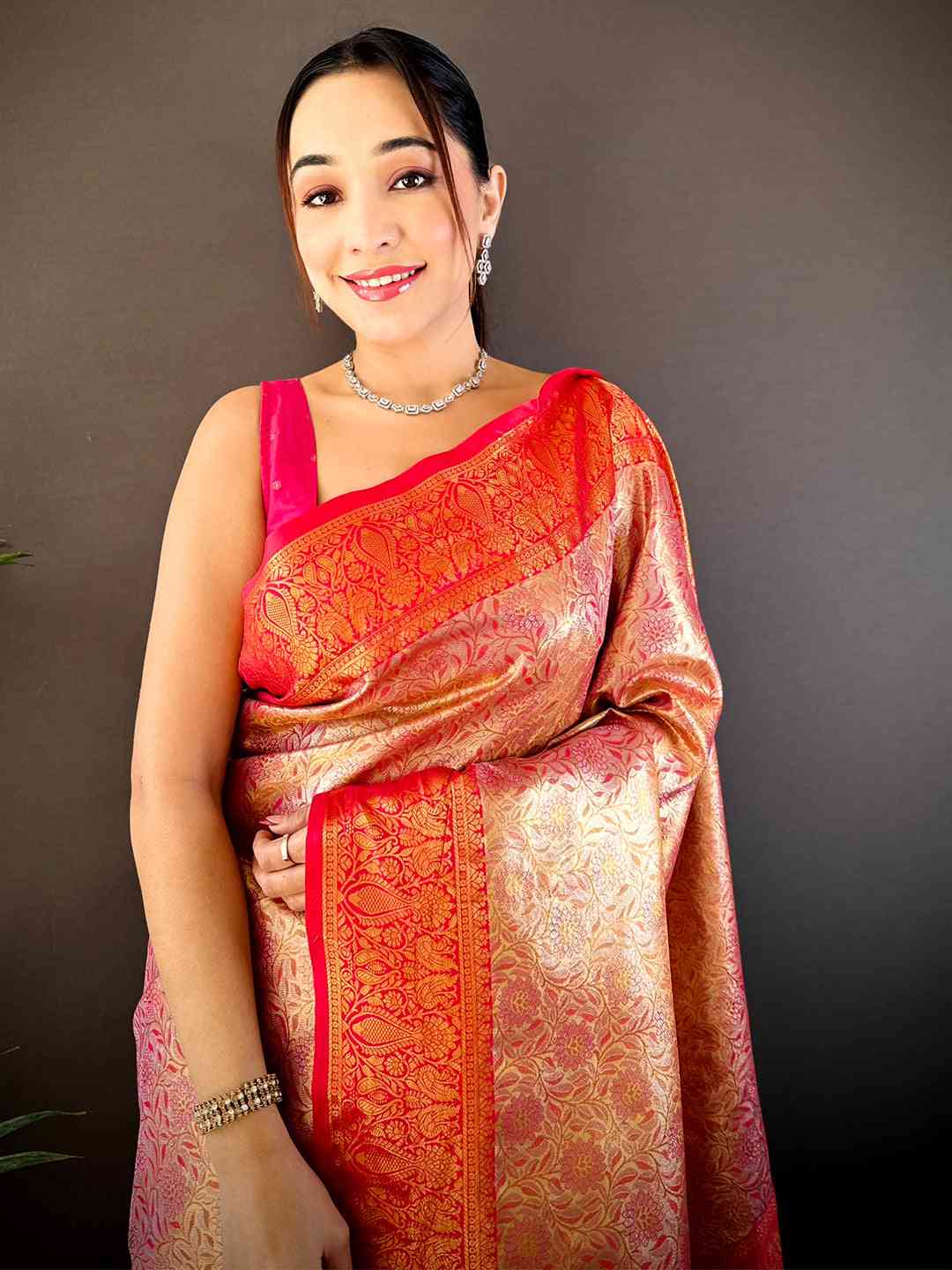 Gold Zari Floral Saree in Pink by My Store
