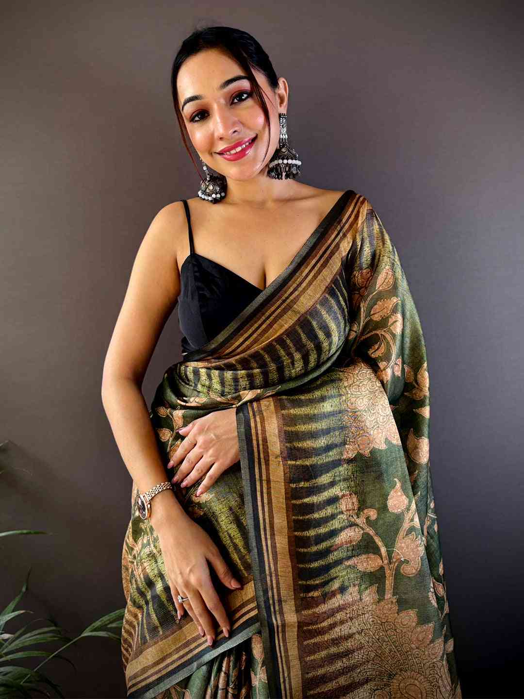 Olive Green Floral Stripes Tissue Saree by My Store