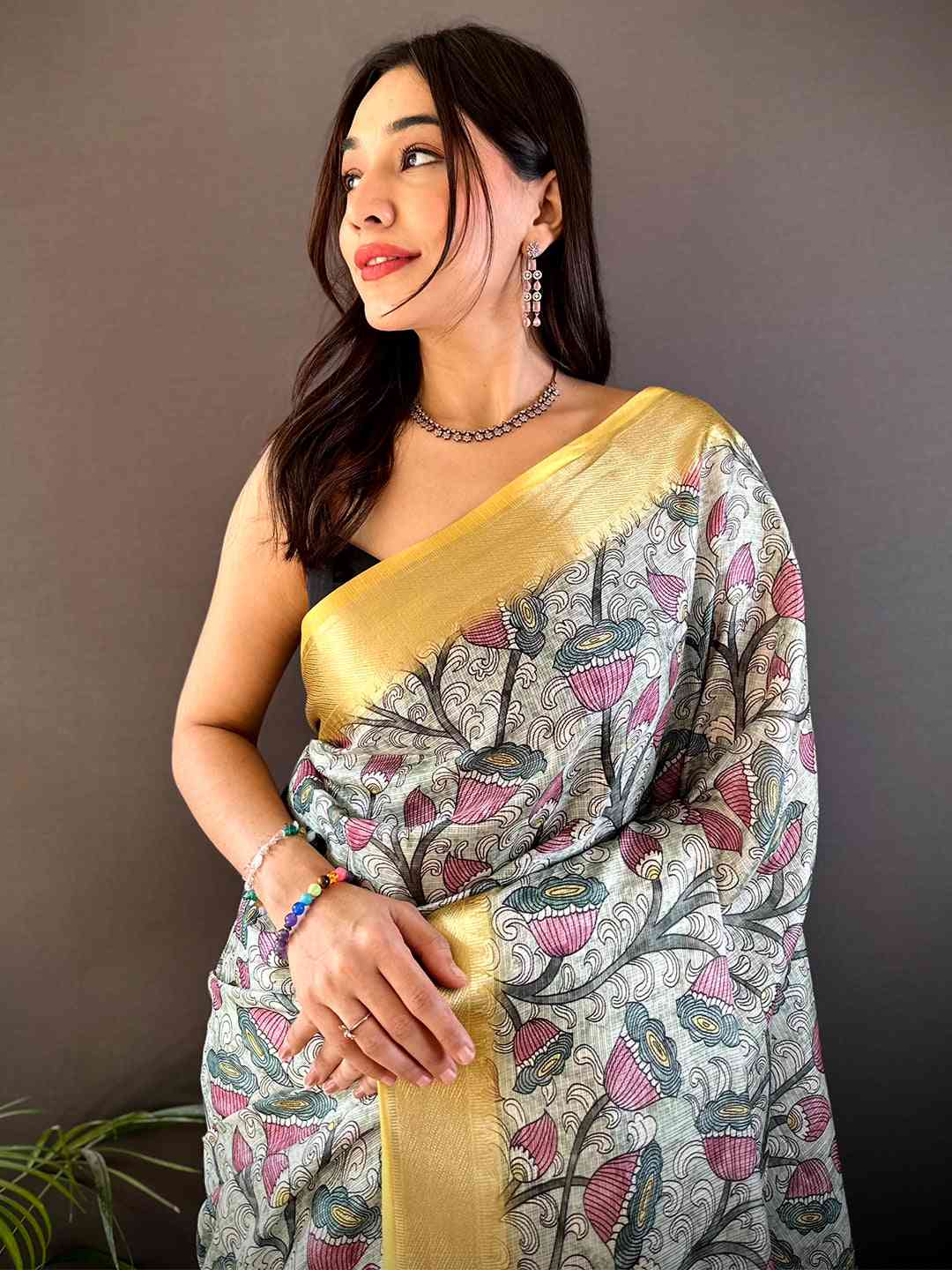 Mint Green Kota Doriya Floral Kalamkari Print Saree by My Store