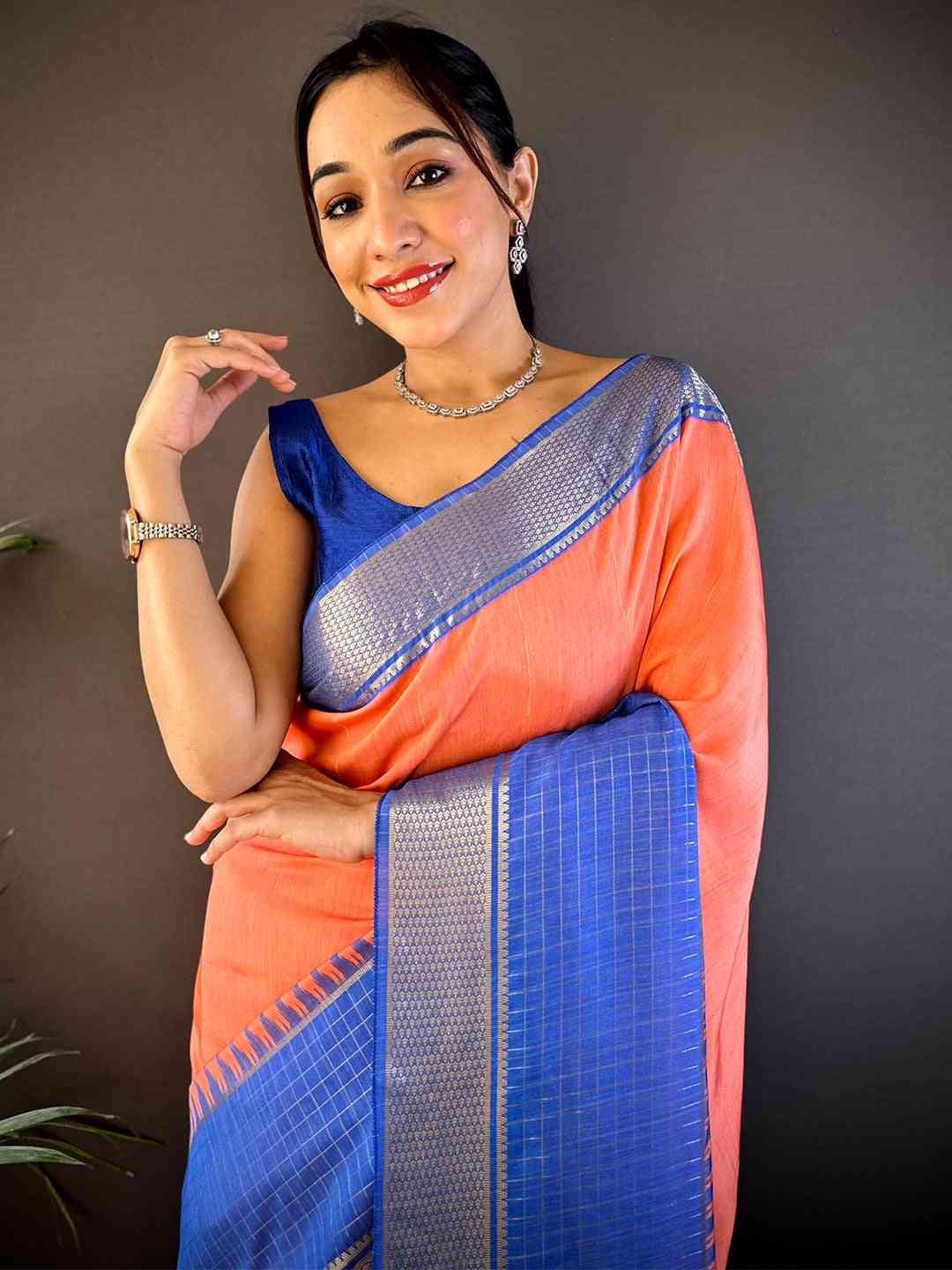 Peach Zari Pallu Cotton Viscose Saree by My Store