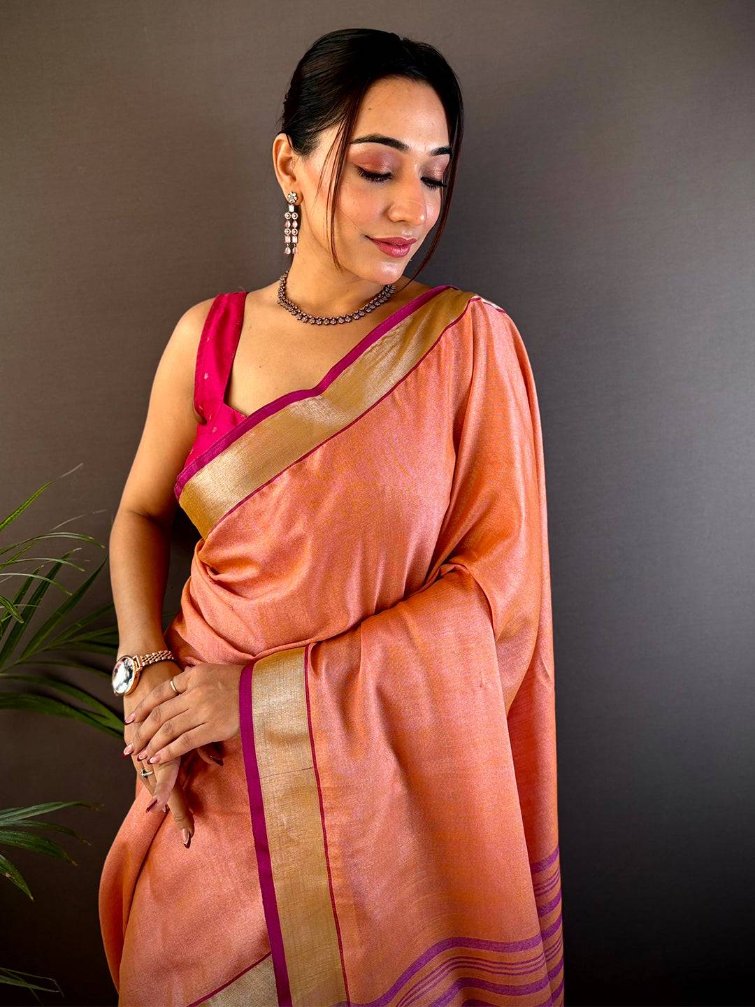 Peach Linen Zari Weaving Saree