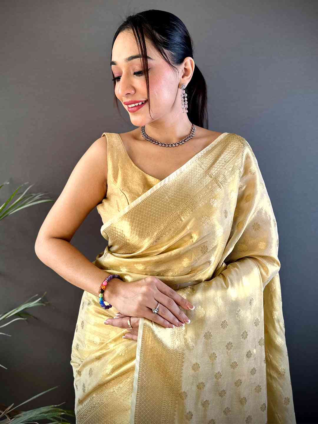 Elegant Gold Zari Glass Tissue Saree by My Store