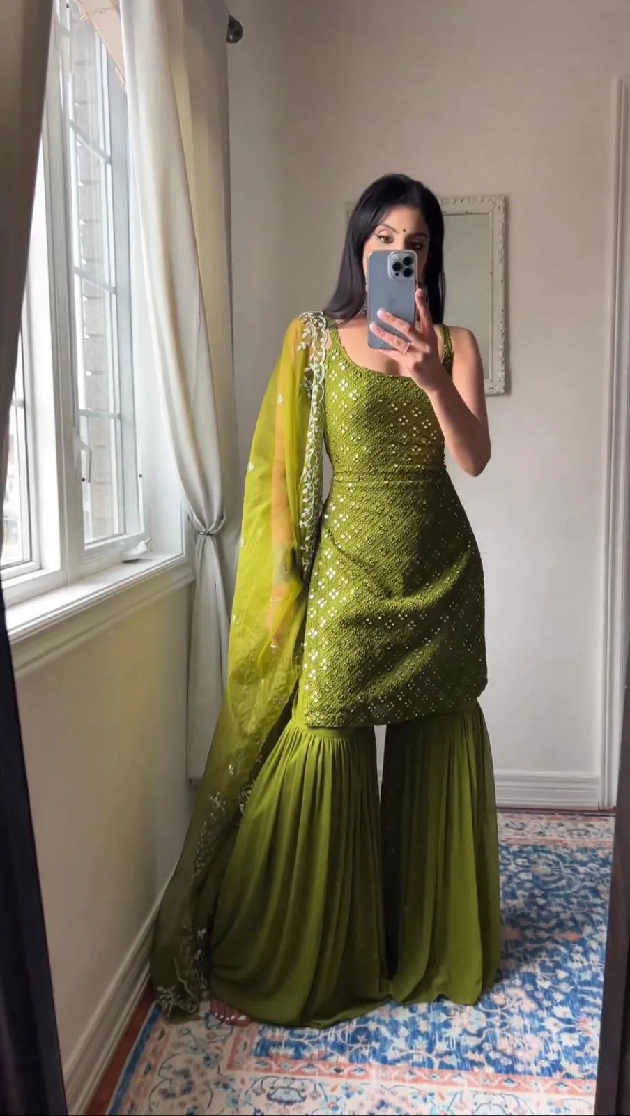 Green Embroidered Kurta And Sharara Suit Set with Dupatta by My Store