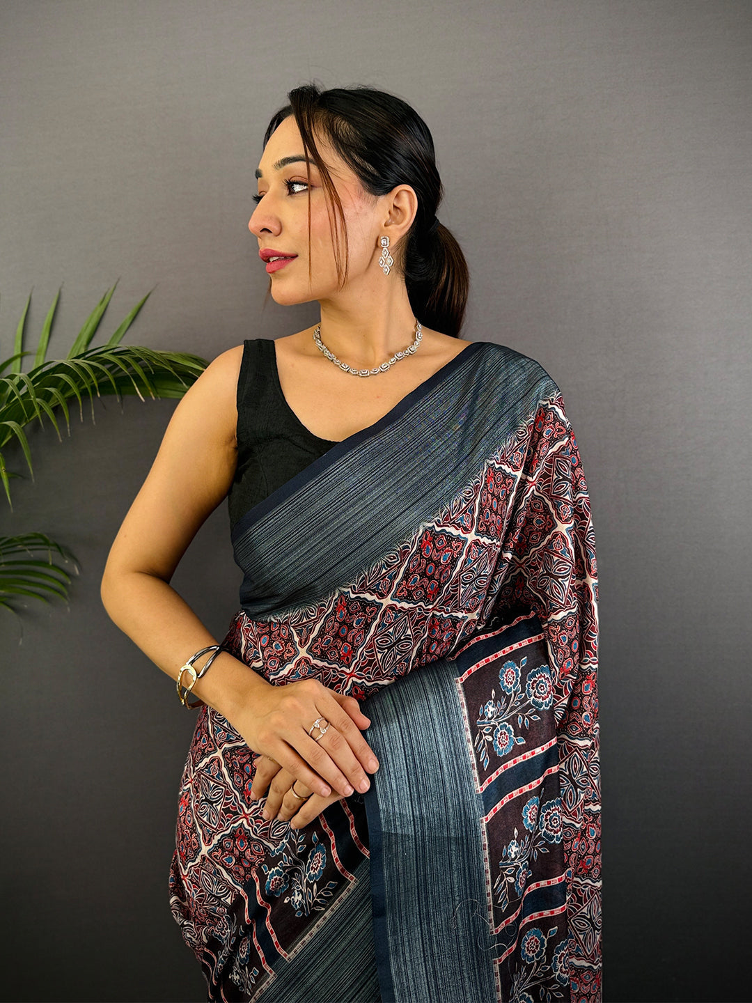 Multi Linen Block Kalamkari Print Saree by My Store