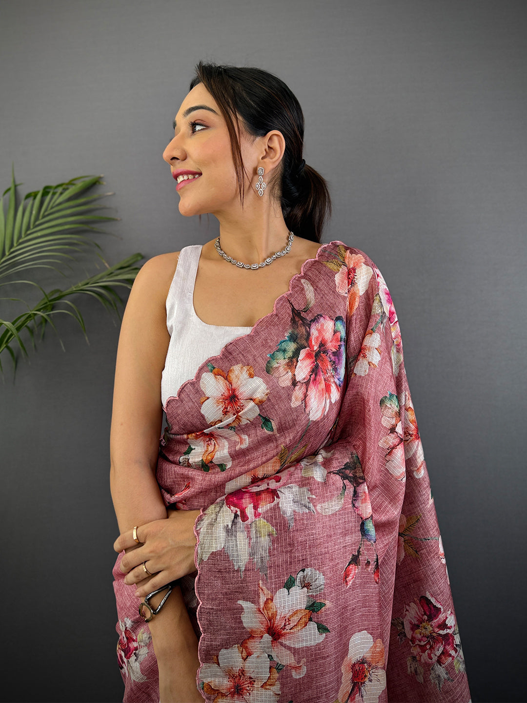 Blush Pink Kota Floral Digital Cut Work Saree by My Store