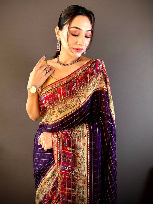 Indigo Chinnon Chiffon Kalamkari Saree by My Store