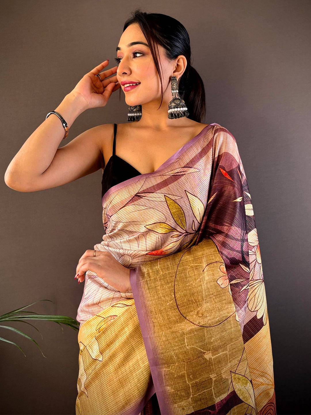 Wine Semi Zari Tussar Floral Saree