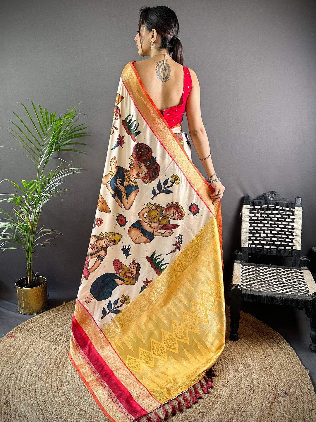 Show Stopper White Colour Soft Silk Kalamkari Saree by My Store