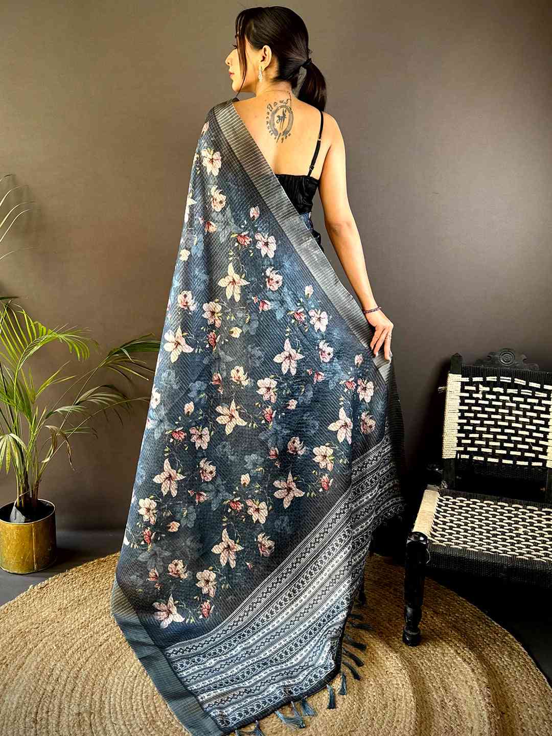 Steel Blue Tissue Chanderi Digital Check Saree by My Store