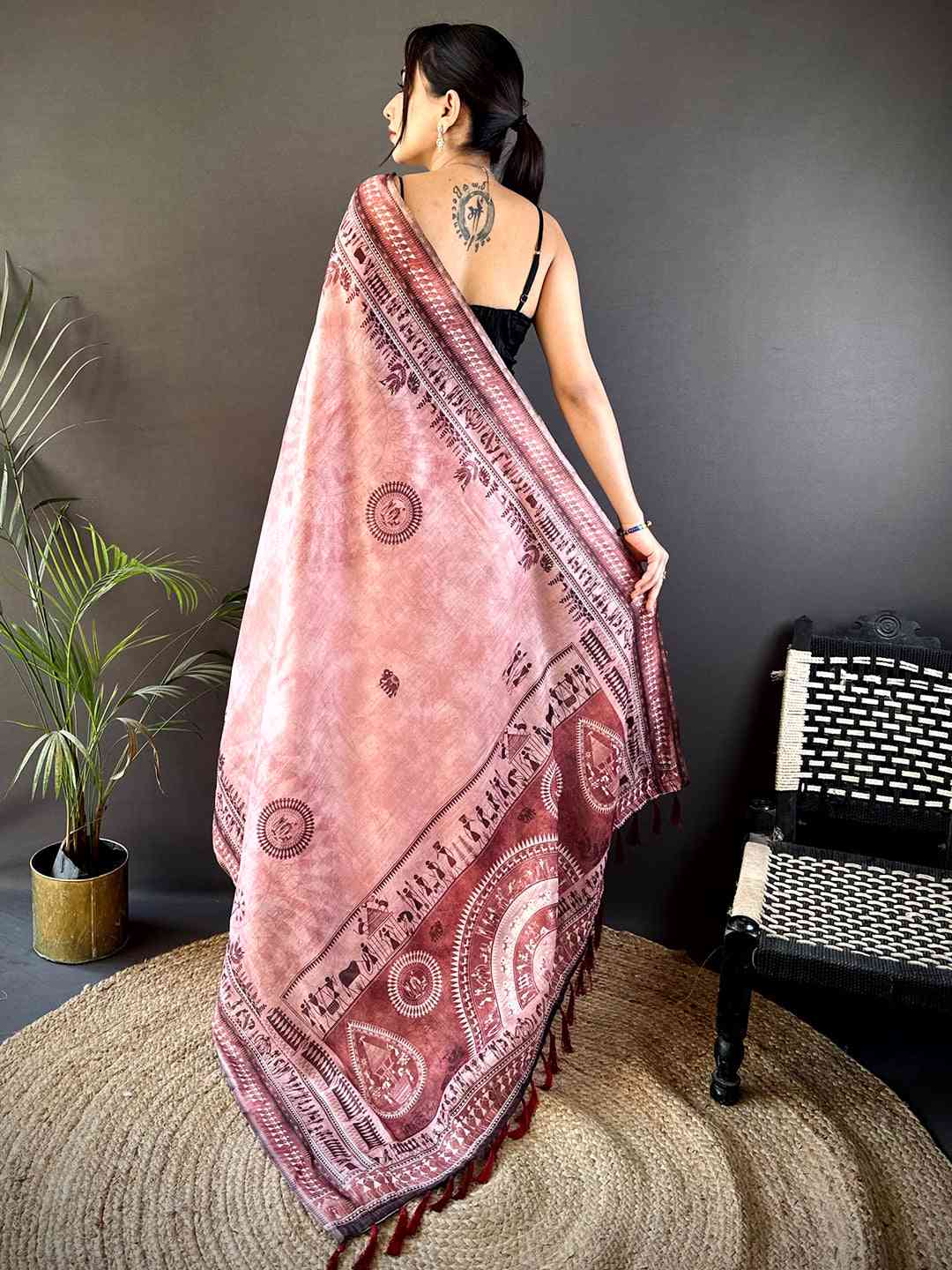 Dusty Rose Warli Print Tissue Chanderi Saree by My Store