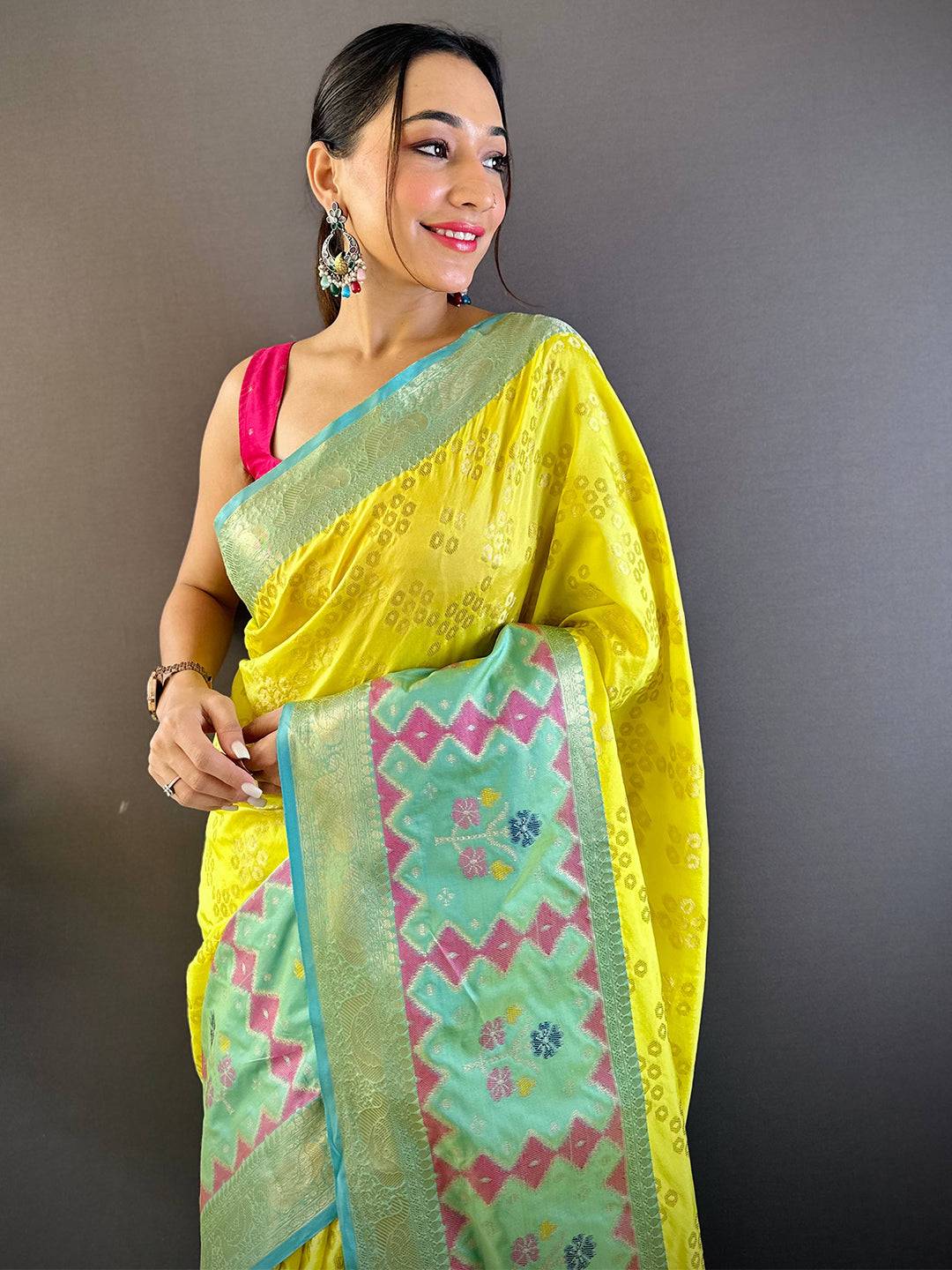 Lime Yellow Katan Silk Ikkat Saree by My Store