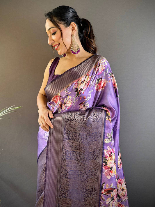 Orchid Purple Satin Silk Floral Print Saree by My Store
