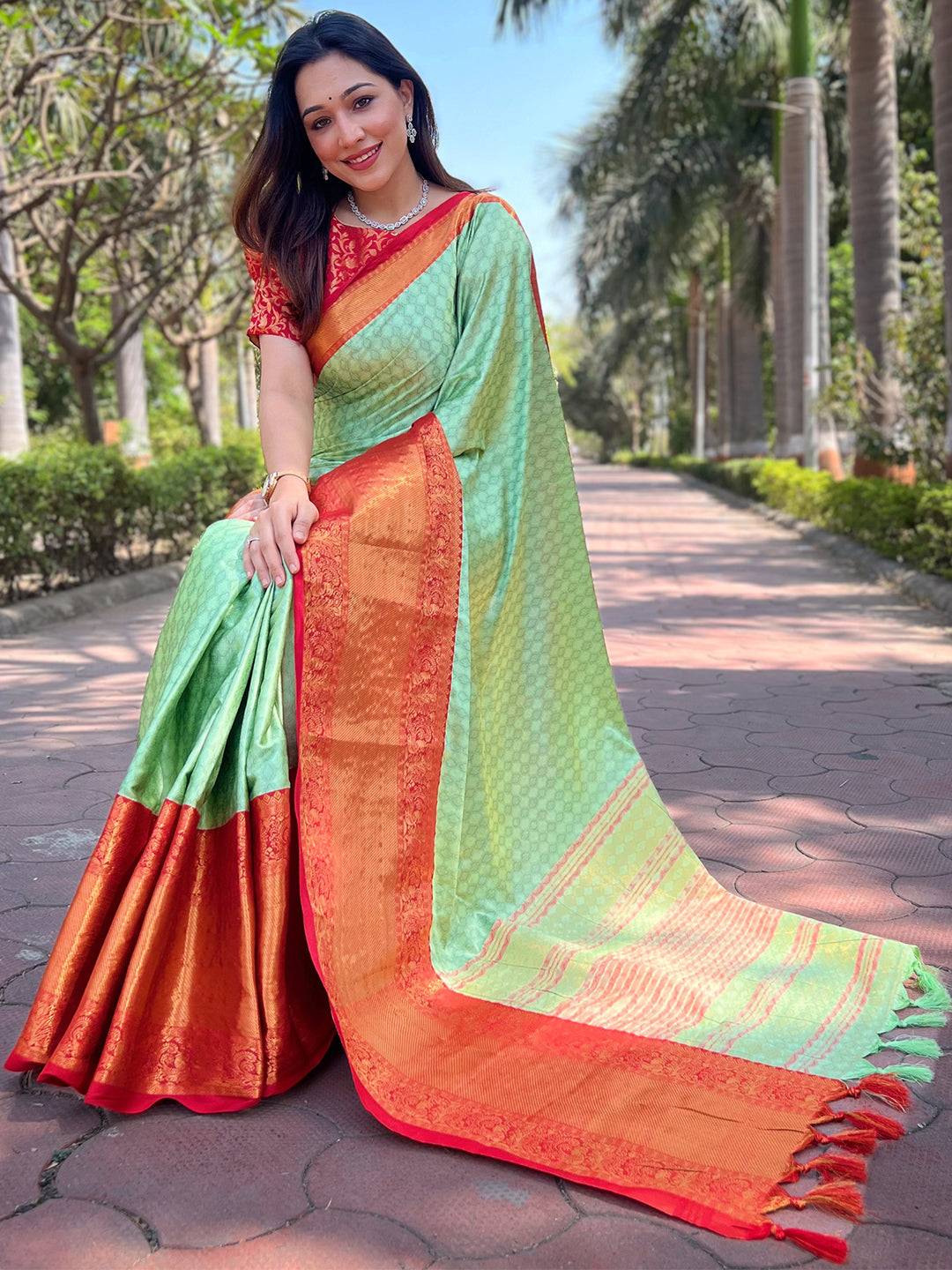 Pista Colour Kanjivaram Aura Soft Silk Saree With Broced Zari Blouse by My Store