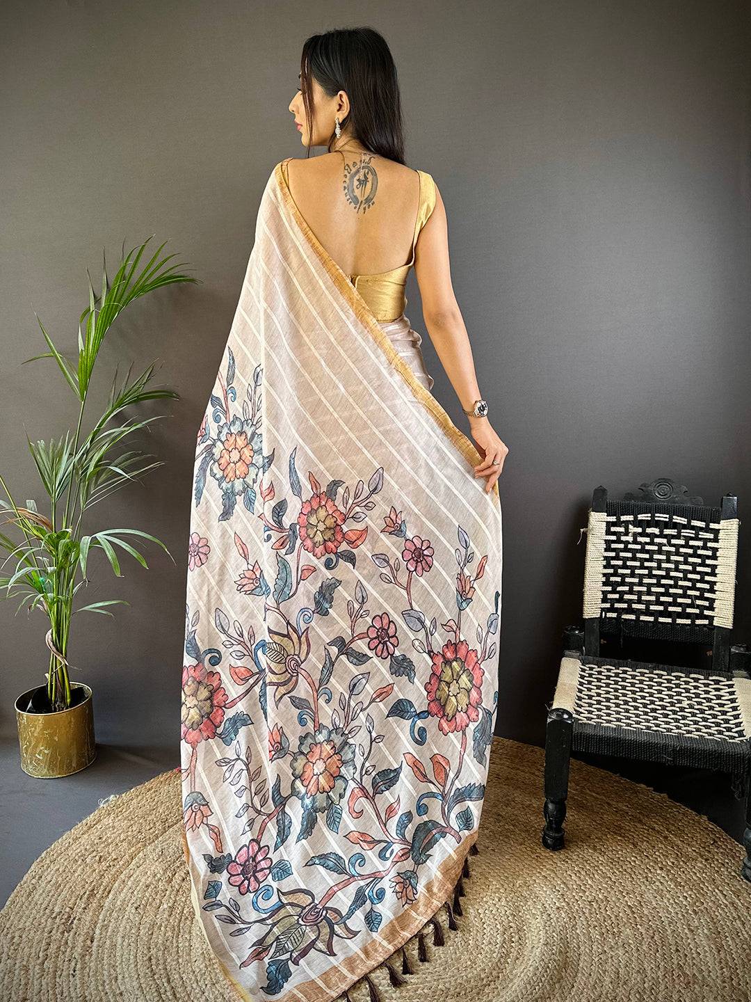 Floral Elegance Linen Chanderi Saree by My Store