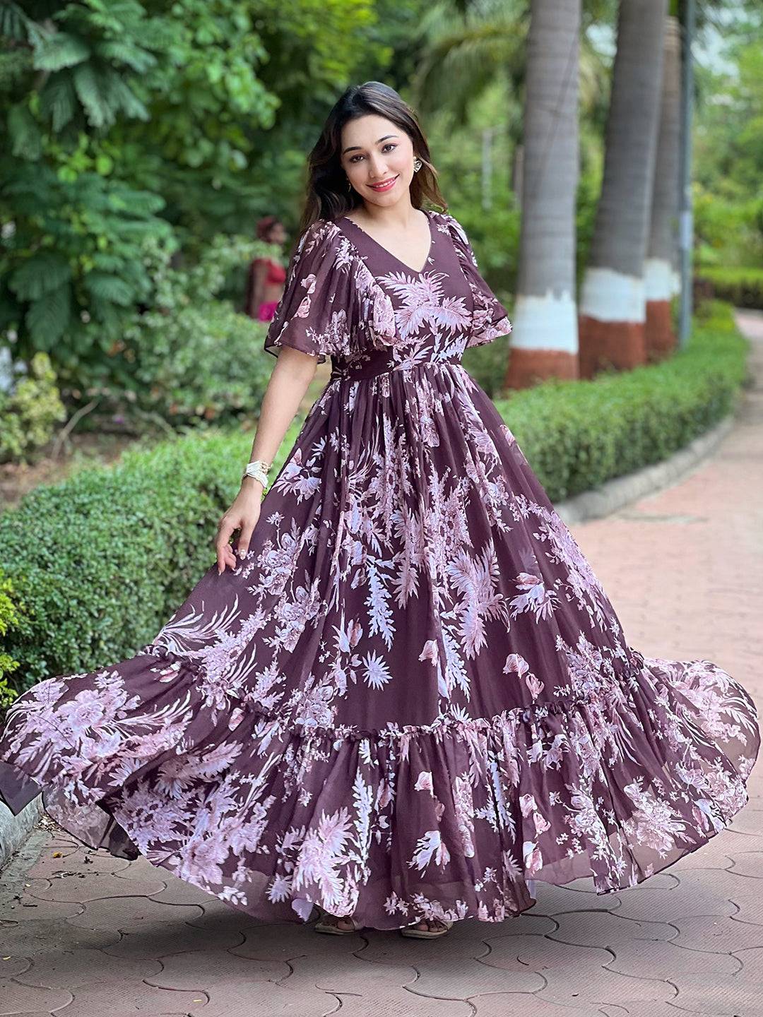 Antheaa Coffee V-neck Flary Maxi