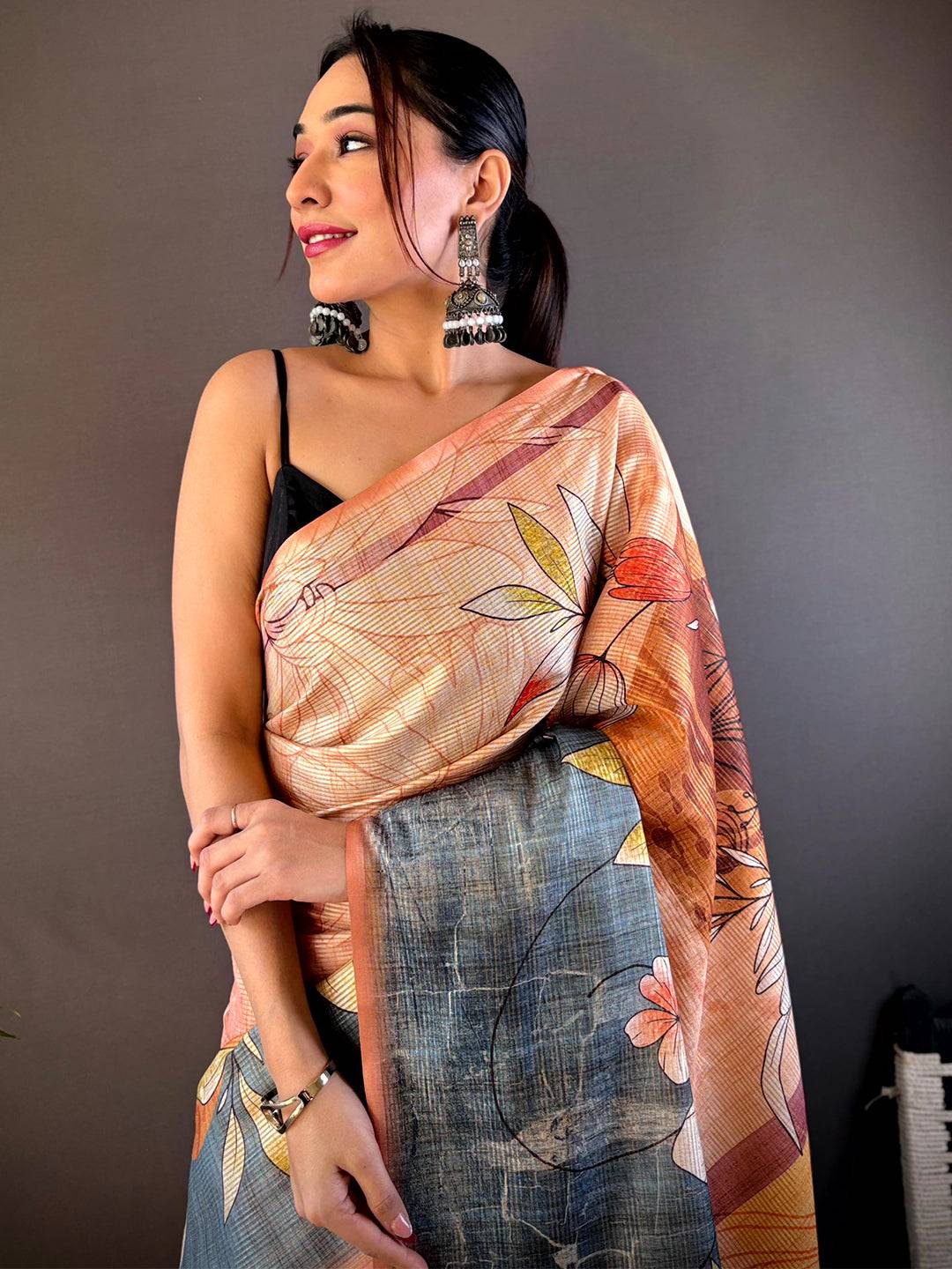 Light Orange Semi Zari Tussar Floral Saree by My Store