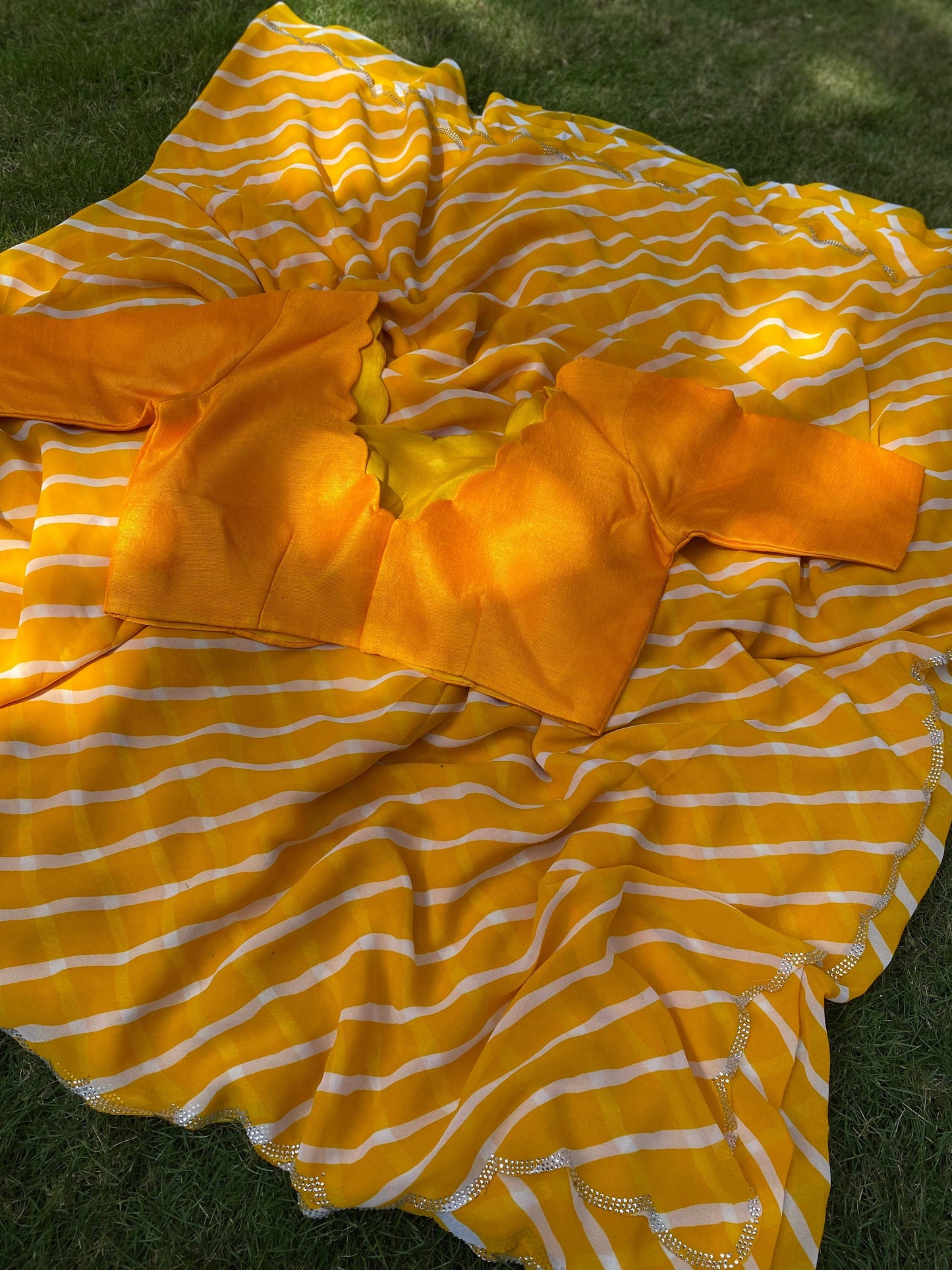 Yellow Pure Georgette Leheriya Print Swaroski Cut Work Border Saree