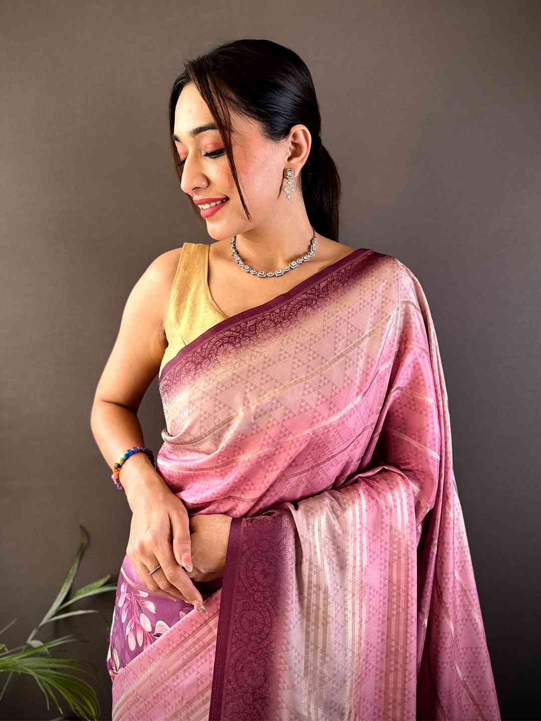Mauve Kalamkari Ombre Crepe Silk Saree by My Store