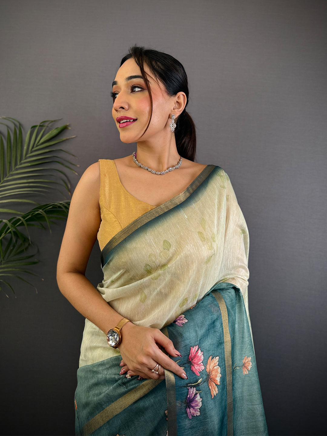 Teal Blue Linen Chanderi Floral Print Saree by My Store