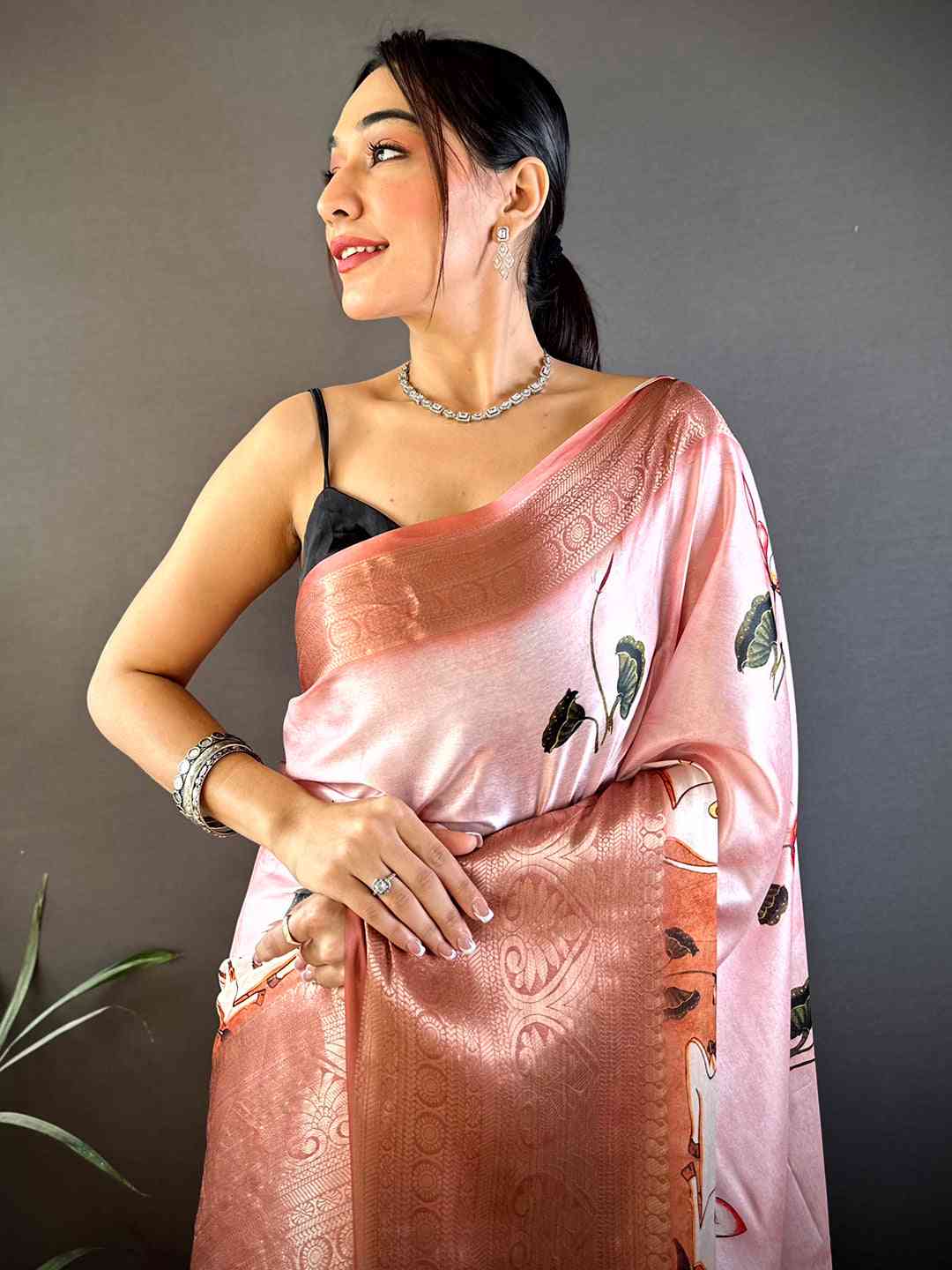 Blush Pink Pichwai Print Soft Silk Saree by My Store