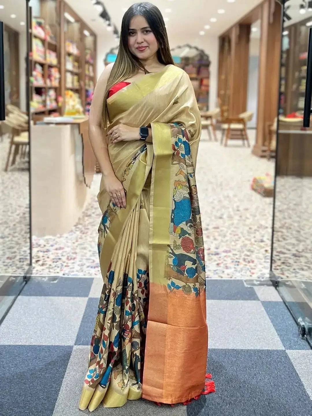 Incredible Pen Kalamkari Linen Tissue Soft Saree by My Store