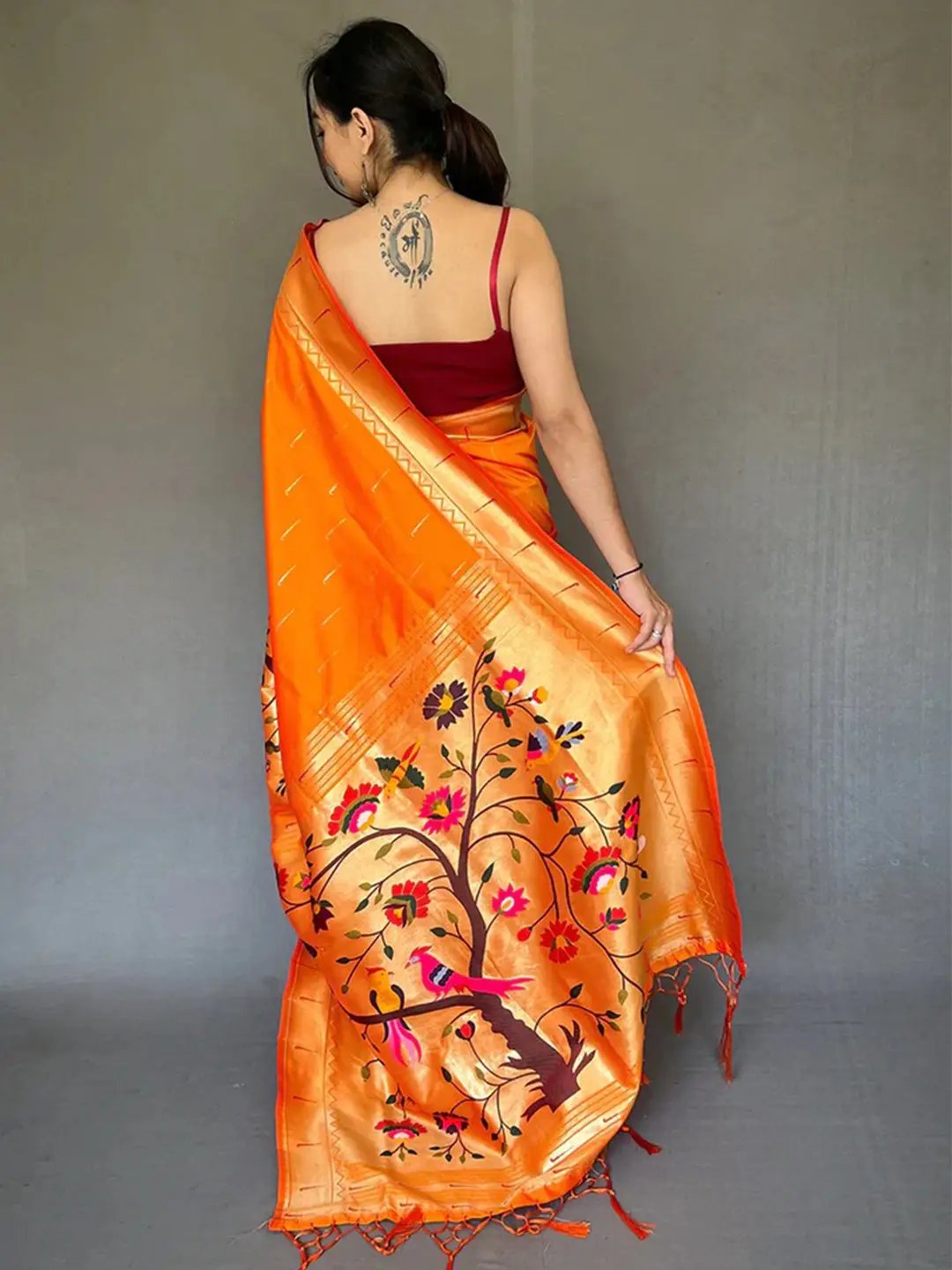 Orange Paithani Big Border Zari Woven Saree by My Store