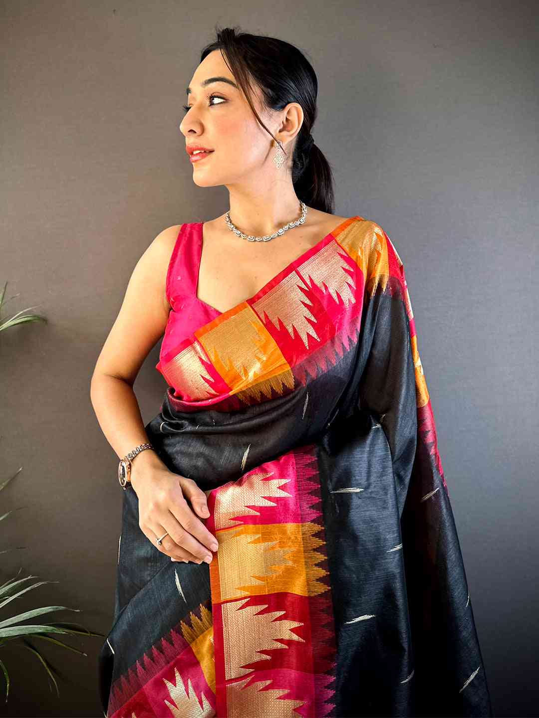 Black Banarasi Raw Silk Ikkat Saree
