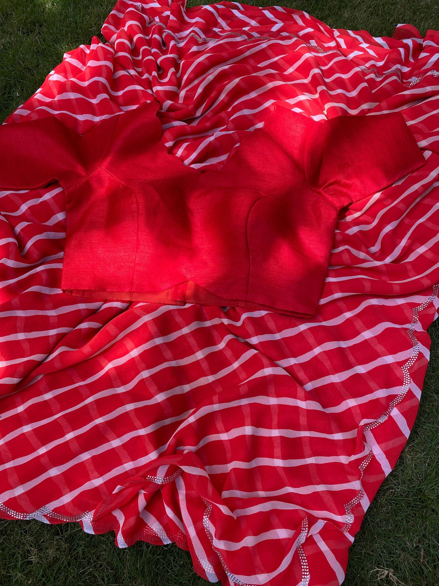Red Pure Georgette Leheriya Print Swaroski Cut Work Border Saree by My Store