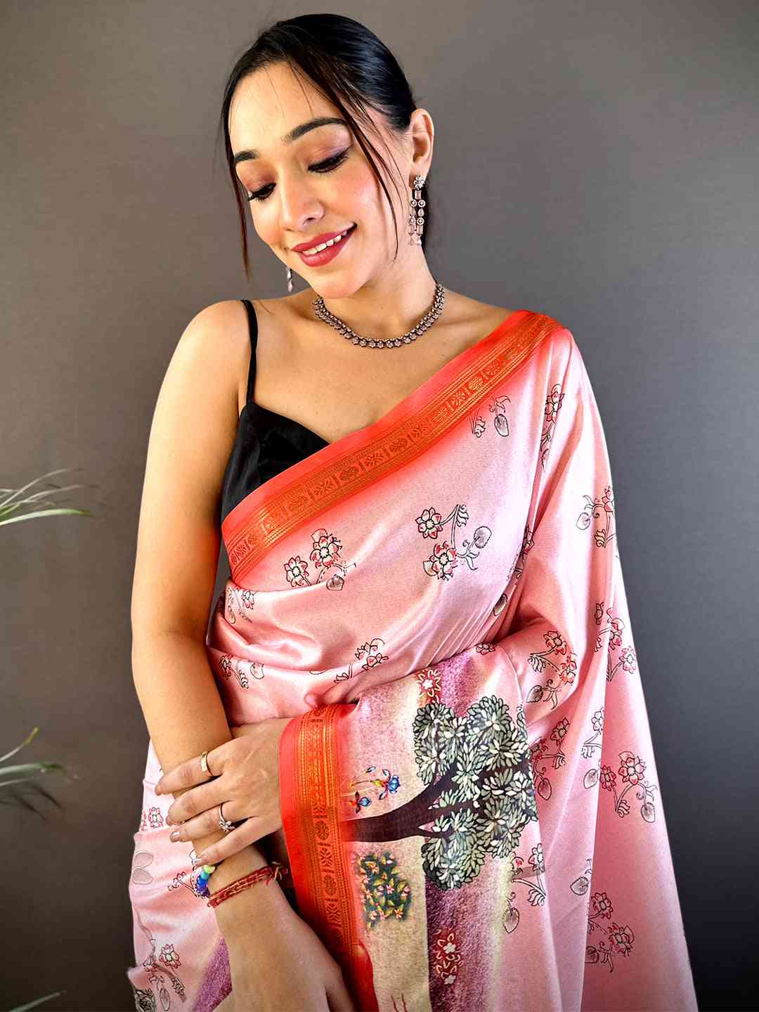 Blush Pink Jungle Printed Silk Saree by My Store