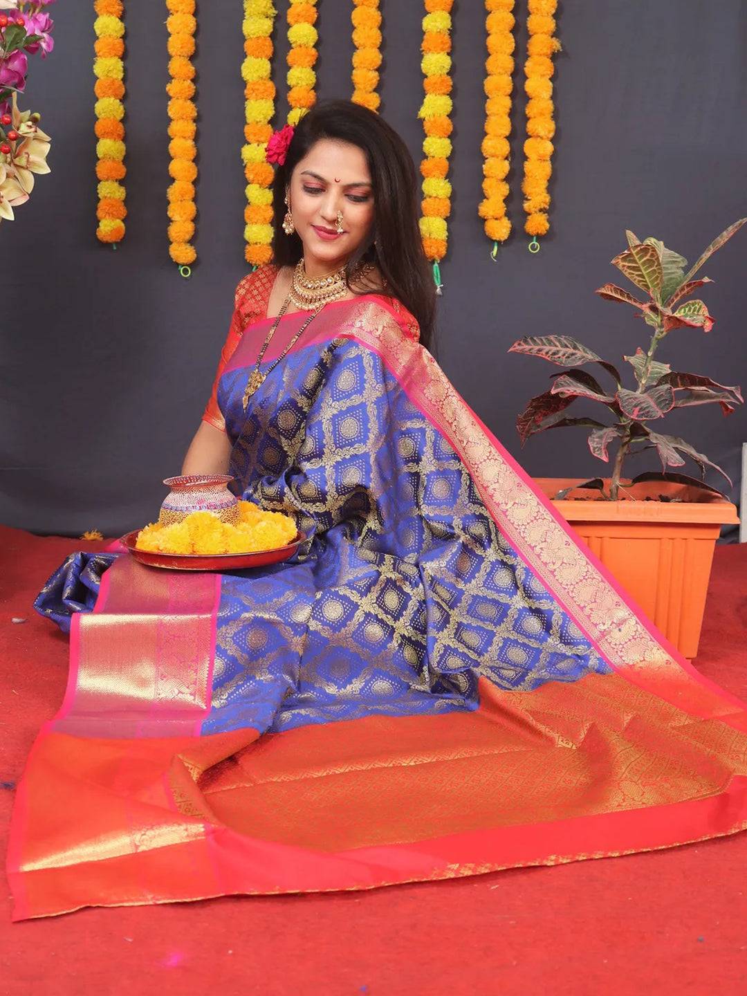 Royal Blue Banarasi Brocade Saree by My Store