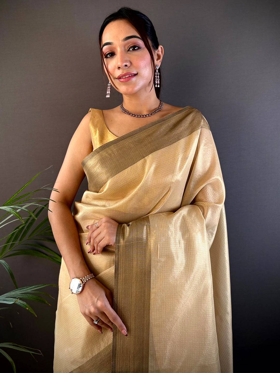 Gold Banarasi Tissue Silk Butti Design Saree by My Store