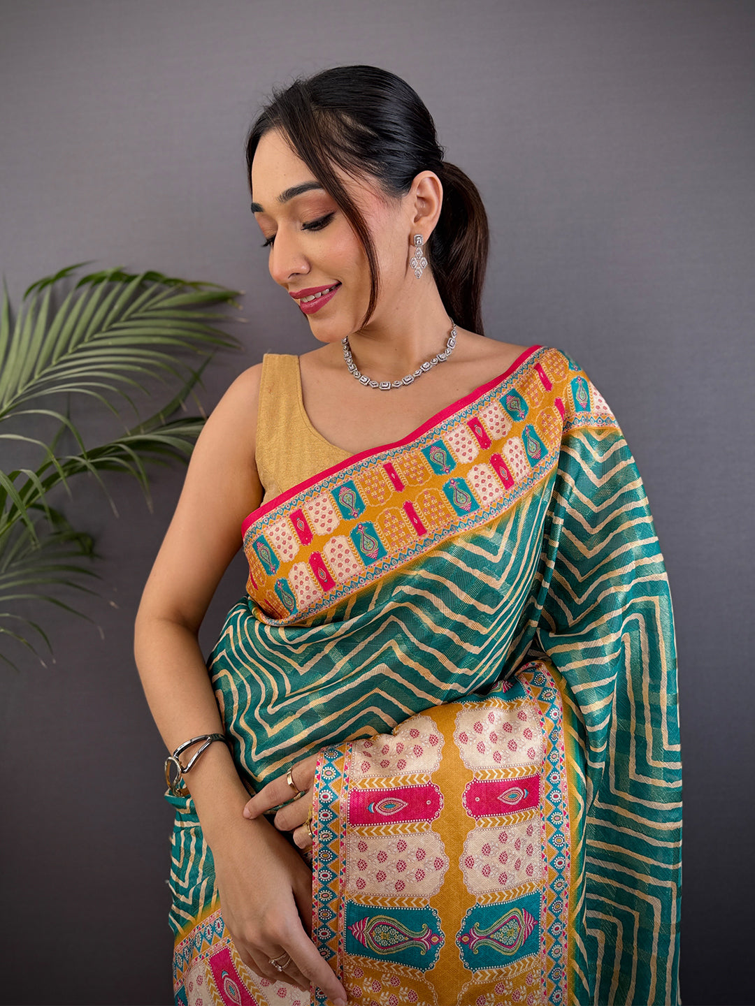 Teal Green Madhubani Print Soft Silk Saree by My Store