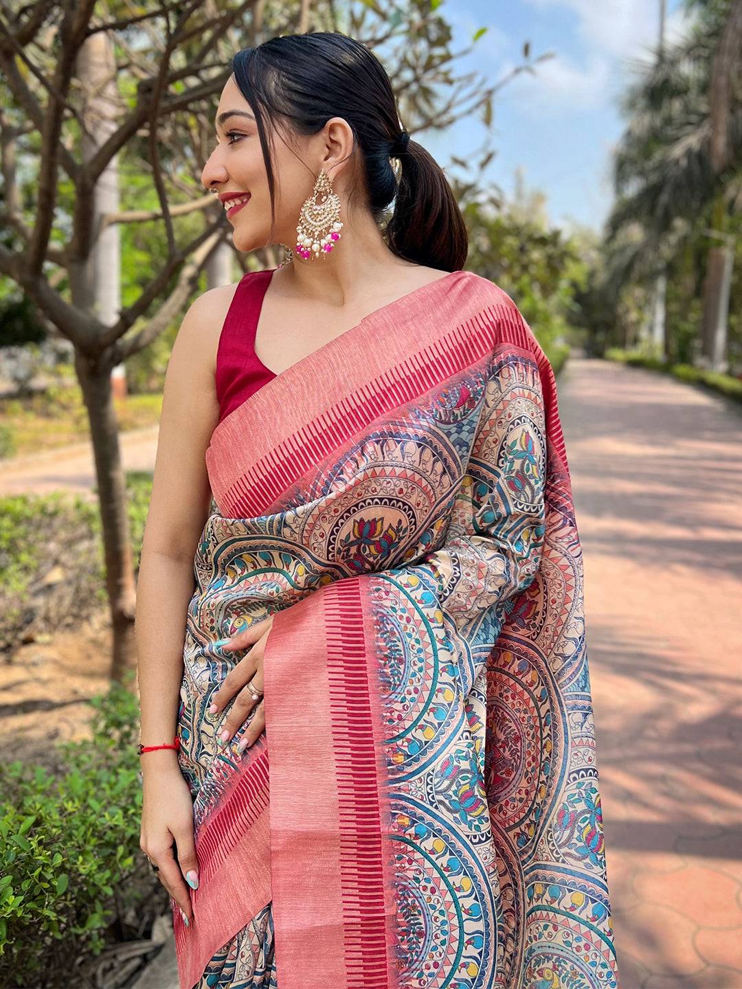 Latest Slub Tussar Silk Madhubani Kalamkari Block Print Saree by My Store