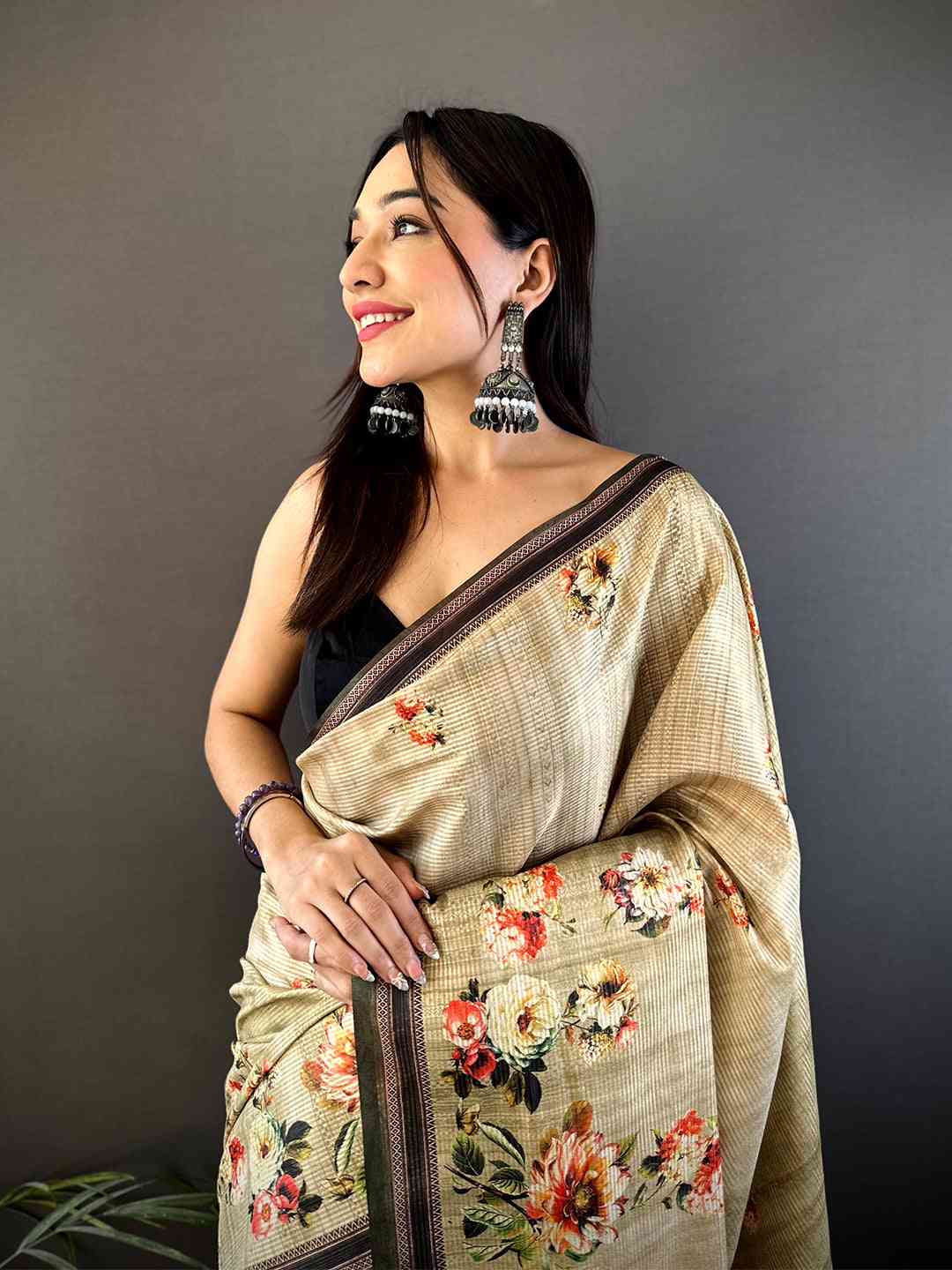 Floral Beauty in Beige Tussar Zari Saree by My Store