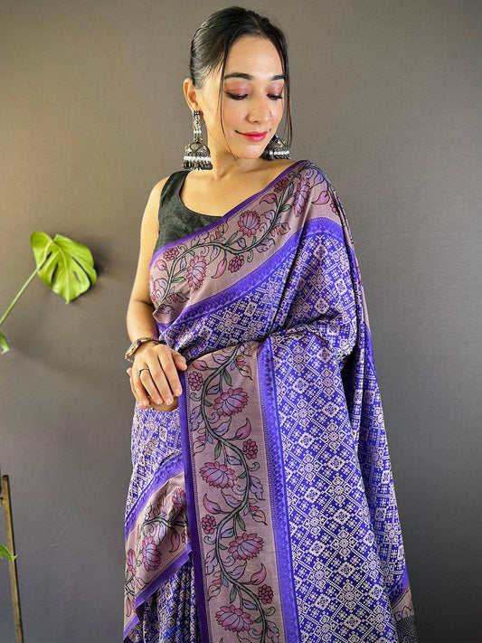 Persian Blue Patola And Kalamkari Fusion Saree by My Store