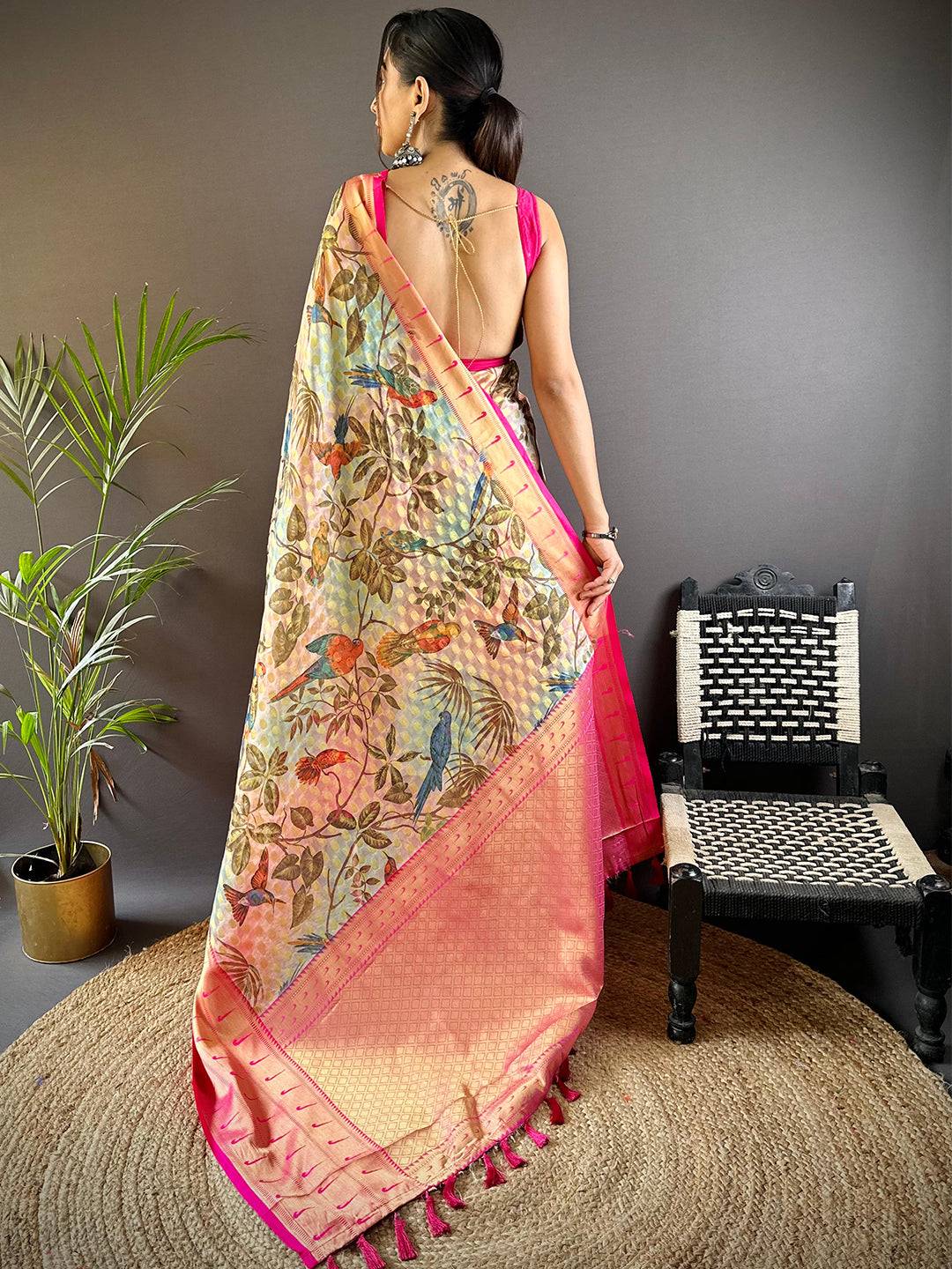 Tan Floral Paithani Kora Silk Saree by My Store