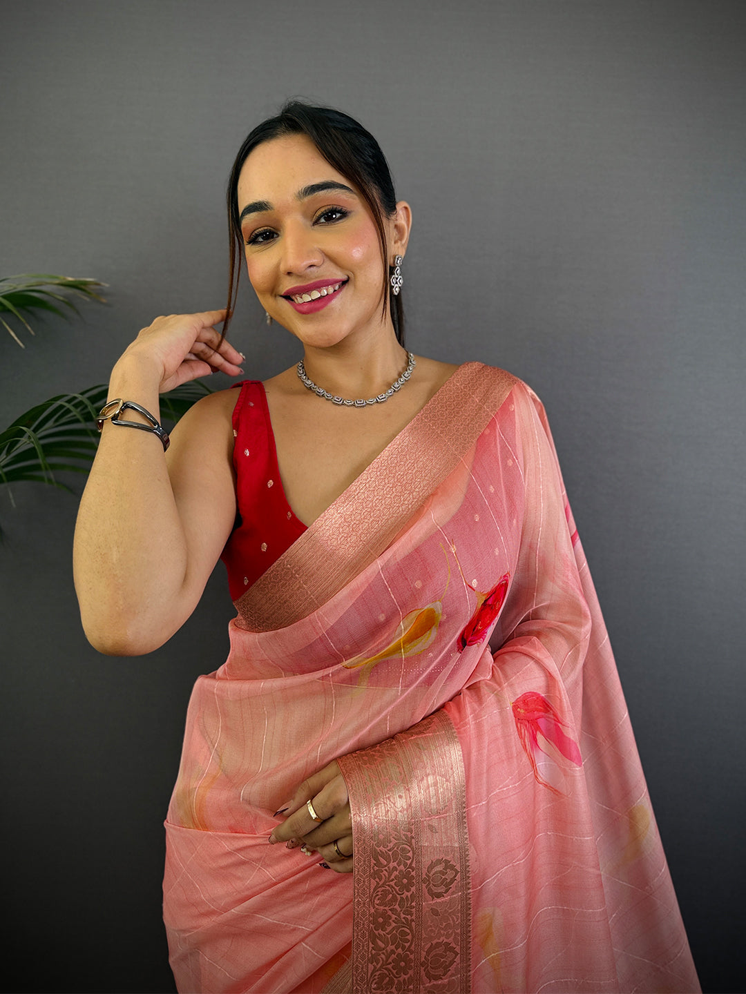 Blush Pink Soft Organza Digital Print Saree by My Store