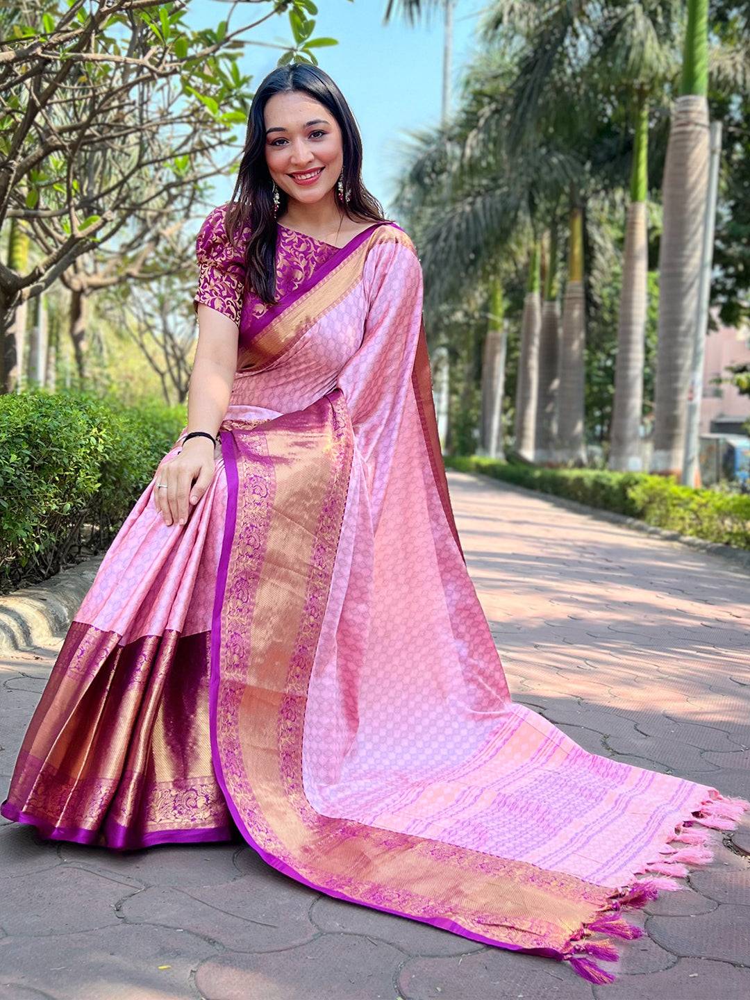 Pink Colour Kanjivaram Aura Soft Silk Saree With Broced Zari Blouse by My Store