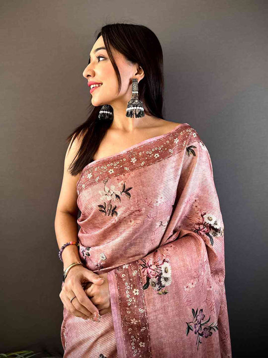 Pastel Pink Zari Tussar Floral Print Saree by My Store