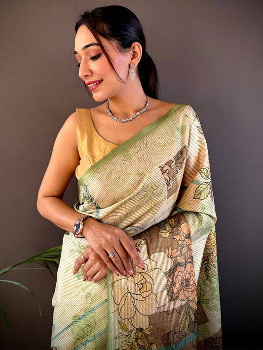 Mint Green Tussar Floral Saree by My Store